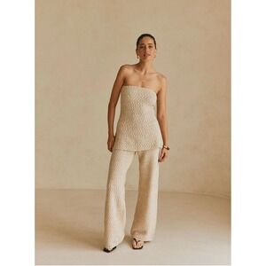 Sabo Skirt Soha Knit Set Strapless Tie Back Top L & Wide Leg Pants M Beige NEW